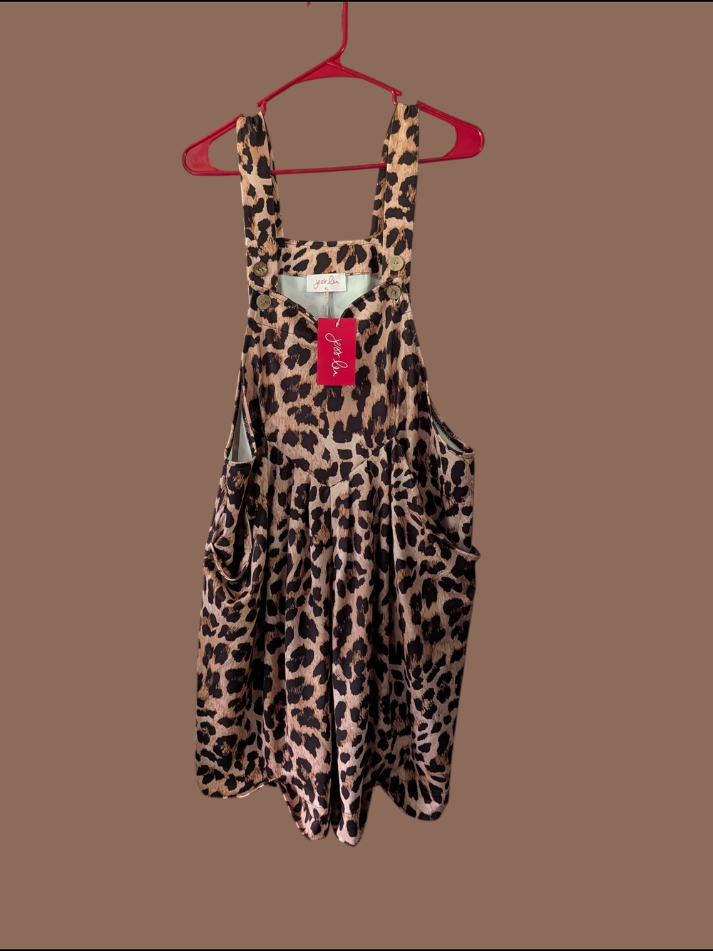 Leopard Print Romper Jumpsuit with Pockets - Brown